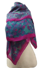 Vintage 100 Silk Large Scarf Tribal Circles Pink Fuchsia Teal Blues MADE INDIA