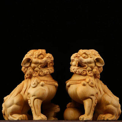 China Wood Carved Fengshui Animal Ball Pixiu Foo Fu Dog Lion