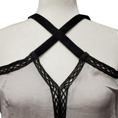 NWT ROI Blouse Top Cold Shoulder Cutout Silk Velvet Trim Light Gray Black Sz S - Picture 2 of 11