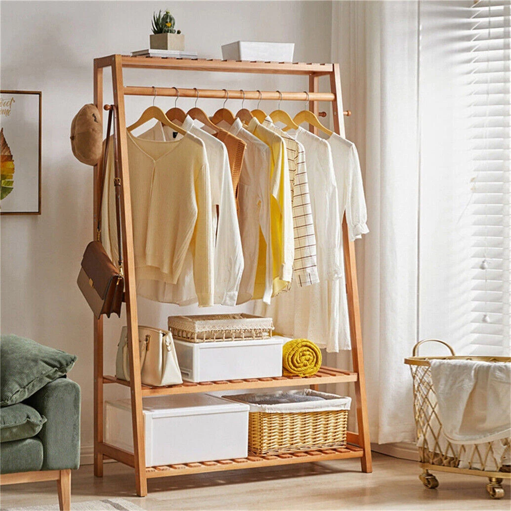 3 Tier Bamboo Clothes Rail Rack Sturdy Garment Hanging Stand Shoe