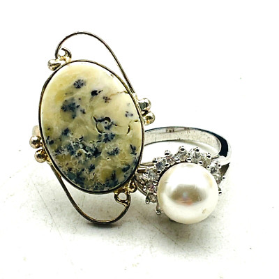 Ring Lot of 2 Oval Black White Stone Faux Pearl Rhinestone Mixed Metal Tones
