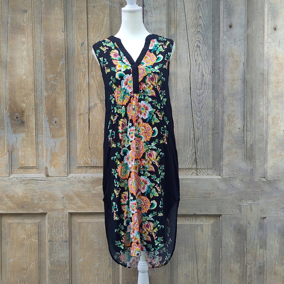 Black Floral Midi Shift Dress Boho Sleeveless Round Hem Size S