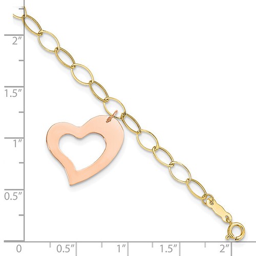 14K Yellow Gold Rose Pink Heart Love Dangling Chain Charm Bracelet - Picture 5 of 18