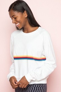 white sweatshirt with rainbow stripe