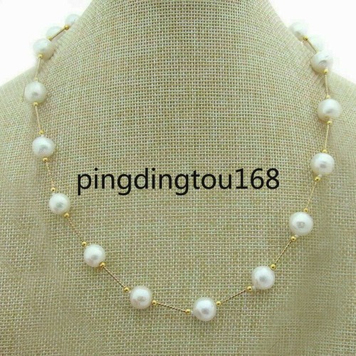 NUOVA COLLANA STAZIONE PERLE BIANCHE ROTONDE AAAA 8-9MM AKOYA CHIUSURA ORO 18" 14K - Foto 2 di 3