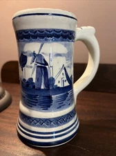 Vintage Delft Blauw Beer Stein Blue White Hand Painted Holland Tankard Mug