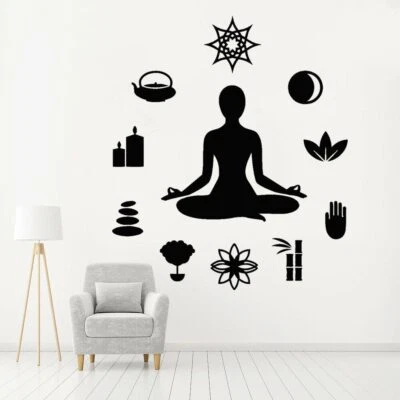 Yoga Room Wall Stickers Zen Center Icons Lotus Pose Meditation Fitness Centre - Photo 1/4