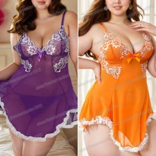 Plus Size See Through Sexy Lingerie Women Lace Babydoll Dress Chemises Sleepwear