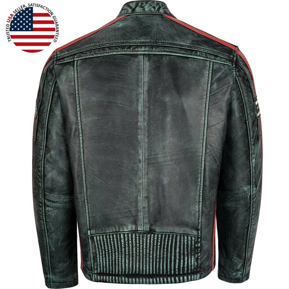 Chaqueta de cuero genuino de piel de cordero para hombre negra ajustada chaqueta de motociclista motocicleta nueva Foto 4 de 4