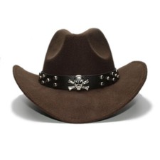 Brown Western Skull Cowboy, Cowgirl Hat, Skull Strap, Men Women Retro Wide Brim