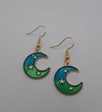 Moon Stars Dangle Drop Earrings Green Blue Enamel Golden Toned Celestial