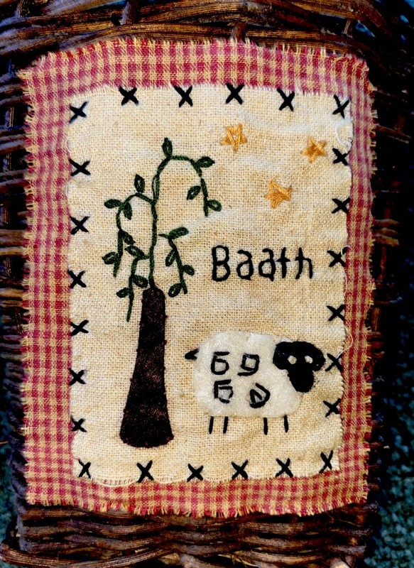 SHEEP WALL BASKET Primitive Needlepoint “BAATH” PIP BERRY Farmhouse Bath WICKER