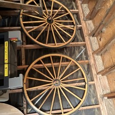 Pair Large Brown Wooden Spoke Wagon Wheels Primitive Style Over 30in