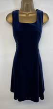 Vintage Laura Ashley Blue Velvet Dress Fit Flare 80s 90s UK 10 12 Made In UK