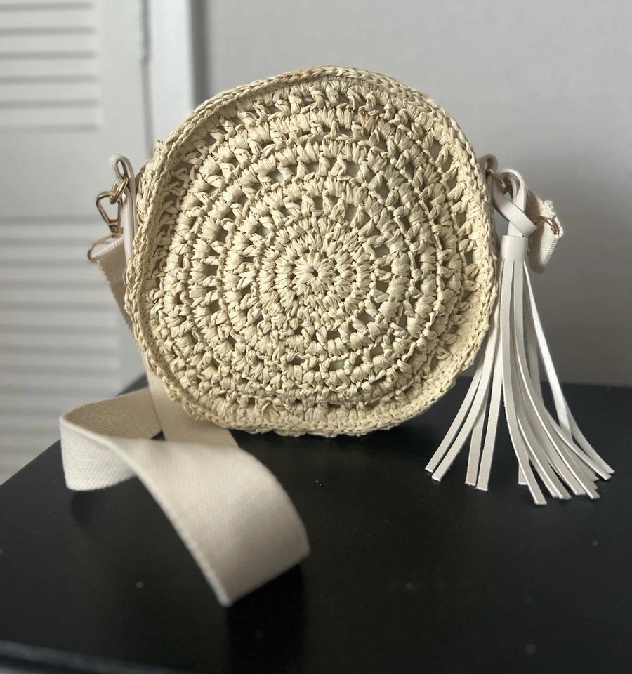 Beige Round Woven Straw Crossbody Bag, Zip Tassel, Adjustable Strap, Lined - Image 1 of 4