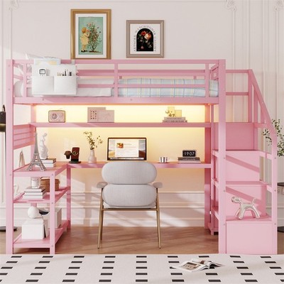 Full Size Metal Loft Bed w/Wardrobe,L-Shaped Desk,Shelves,LED Lights & USB,Pink
