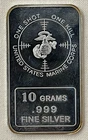 USMC - Marines (One Shot One Kill) 10 Gram Silver Bar .999 Fine Vintage Art Bar