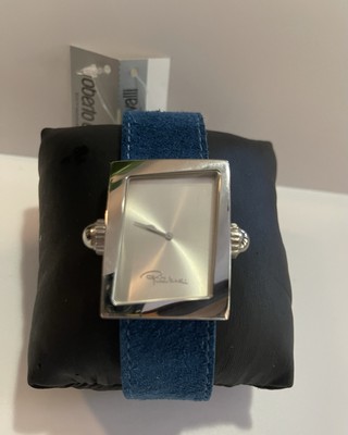 ROBERTO CAVALLI watch blue suede  LEATHER  silver TONE CASE NEW
