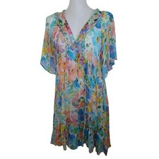 Jade Floral Chiffon Mini Dress V-Neck Braided Trim Flutter Sleeve Multicolor XS