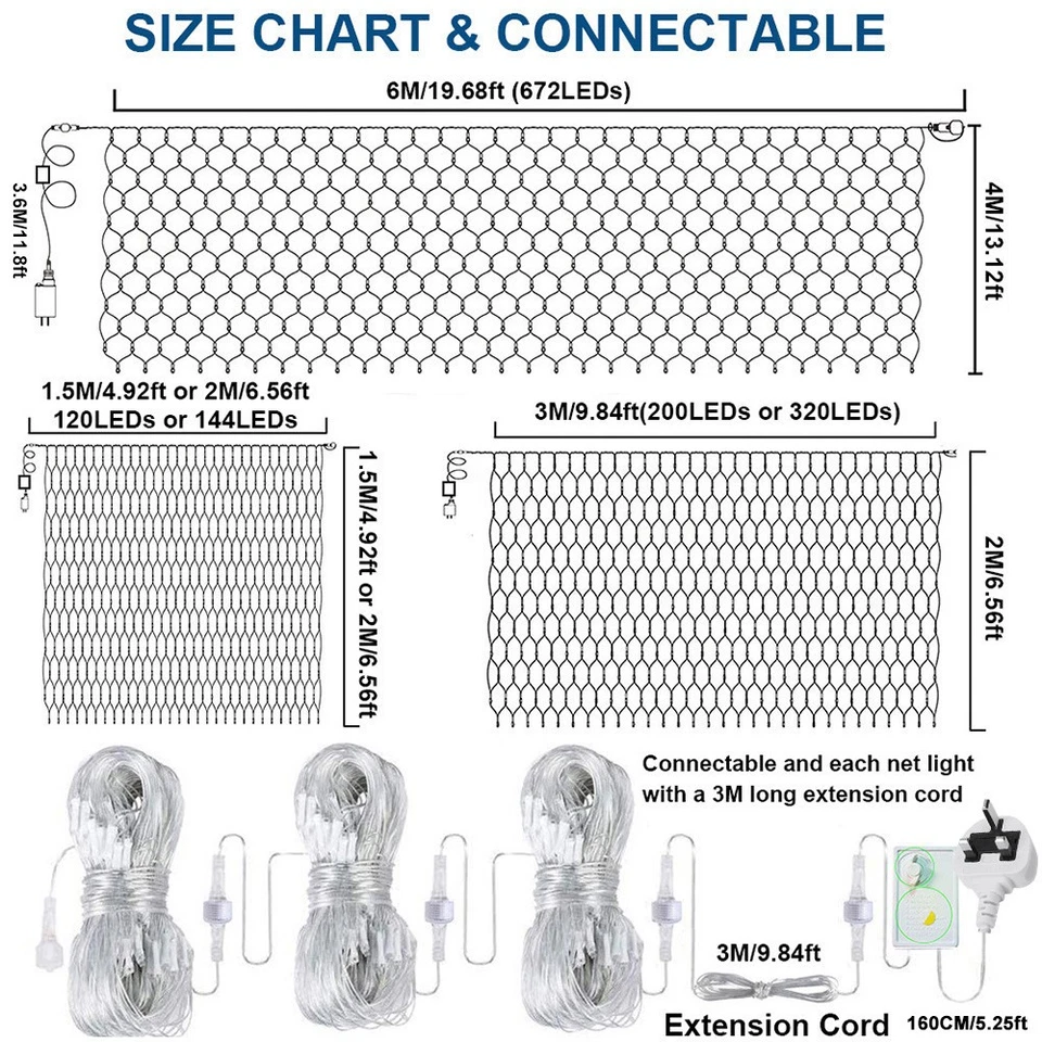 6x4M LED Net Lights Mesh Outdoor Curtain Christmas Fairy String Lights Mains UK - Image 2 of 4