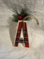 Initial Monogrammed Red Plaid And Pine Needle Christmas Ornament “ A “
