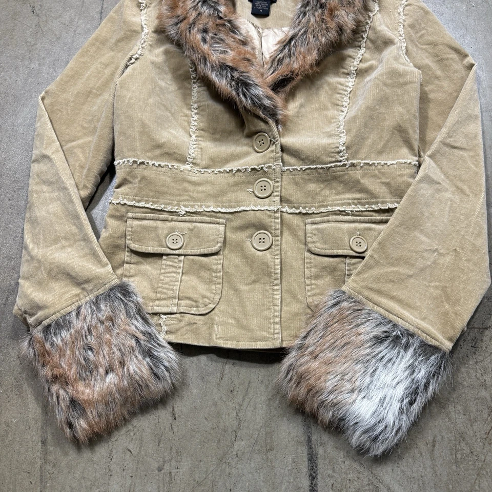 Chaqueta de pana marrón con ribete de piel sintética XXI para mujer mediana vintage Y2k Foto 3 de 4