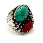 VINTAGE NAVAJO TURQUOISE/CORAL STERLING SILVER RING SIZE 10. 19.14 GRAMS.