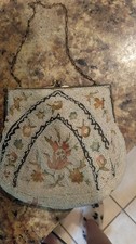 Vintage Ivory Micro Beaded Change Purse With Kiss Lock And Chain Strap