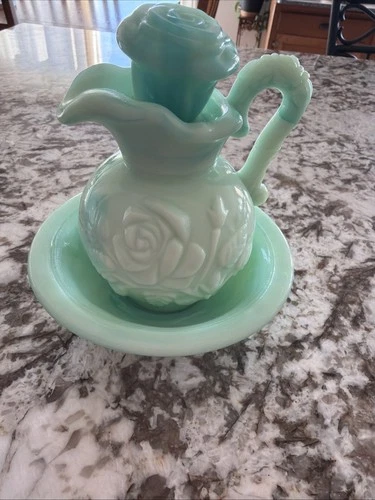 Avon Jadeite Green Swirl Milk Glass Rose Mini Pitcher Bowl Set Vintage
