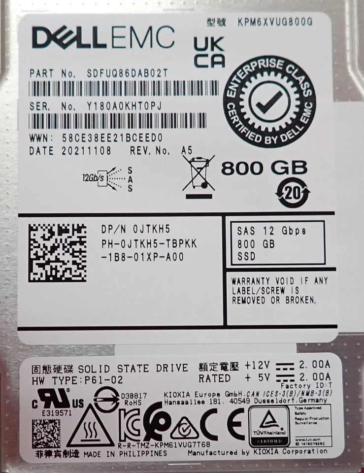 New Dell 800GB SAS 12Gbps MU TLC 2.5" SSD KPM6XVUG800G JTKH5 + 14/15/16G Caddy - Image 2 of 3