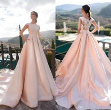 Elegant Pink A-Line Wedding Dresses Jewel Neck Lace Satin Beach Bridal Gowns