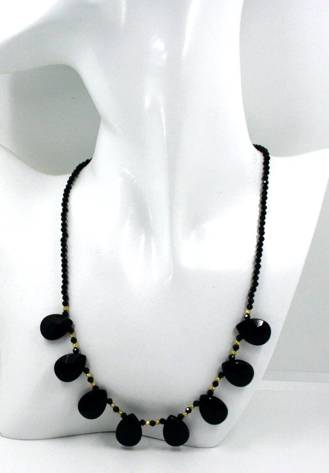 Collar Oro Amarillo, 18K, Esferas Espinela Negro Gotas Colgantes De Ónix, 45 CM - Imagen 2 de 4
