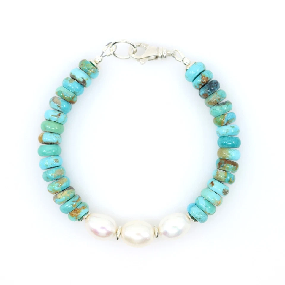 Pulsera Kingman Turquesa y Perla Plata Cuentas, Gruesa Formal Informal Todos los Días Foto 3 de 4