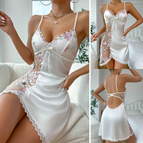 White Lingerie For Women Sexy Satin Nightgown Lace Babydoll Strappy Chemise M