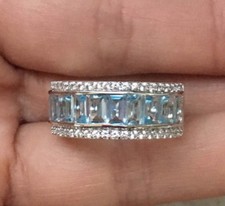 925 Sterling Silver Natural Blue Topaz Three Row Half Eternity Ring Band