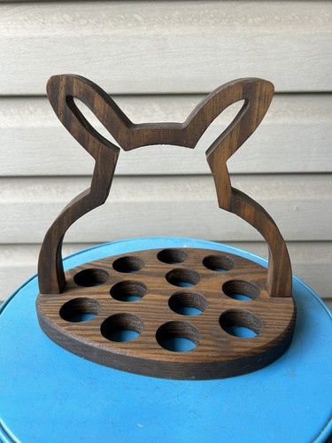 Vintage Bunny Rabbit Dark Stained Wood Egg Stand Easter Figurine Decor 8"