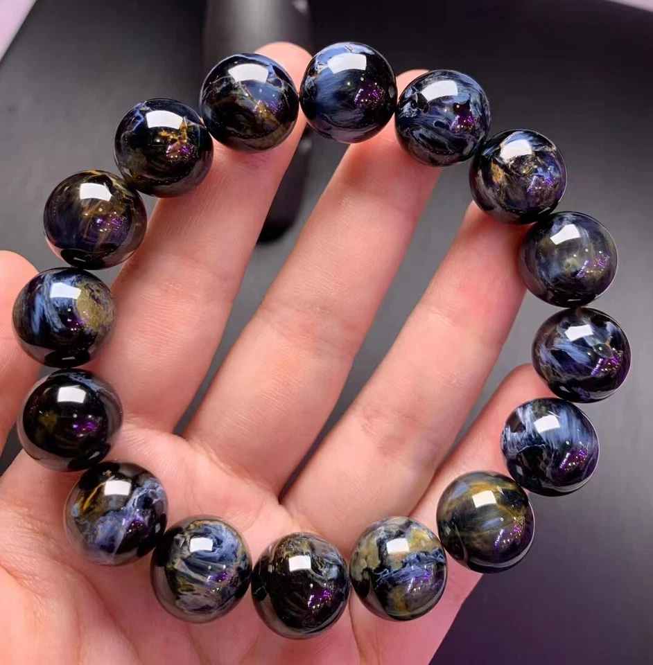 Pulsera de curación de cuentas redondas de piedra azul pietersita natural genuina AAAA 13,7 mm Foto 2 de 4