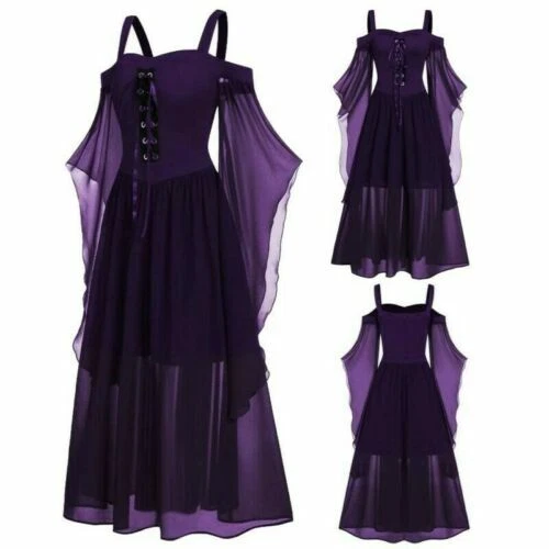 Kleider Plus Gothic Halloween Kleid Schnürärmel Fledermaus Damen Cold Shoulder - Bild 14 von 20