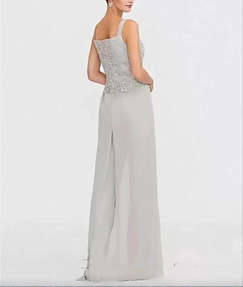 Elegante Traje Pantalones Madre de la Novia de Gasa con Chaqueta Corta de Encaje Boda Foto 4 de 4