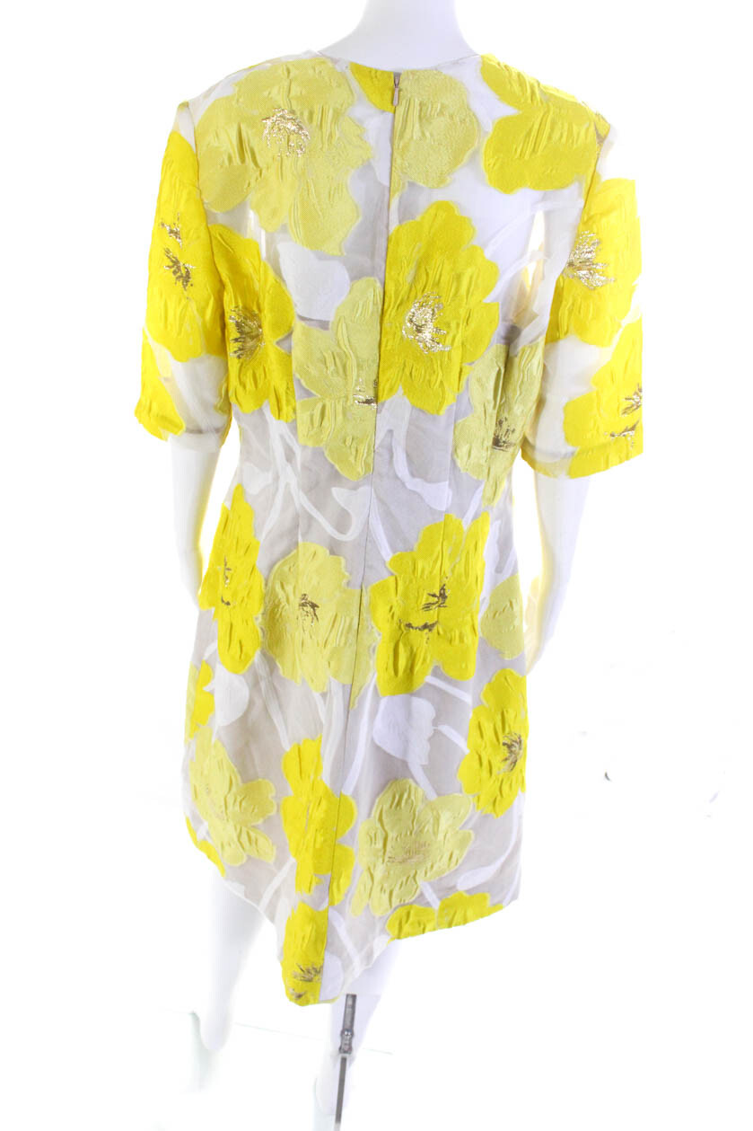 Lela Rose Womens Floral Print Metallic Sheer Short Sleeve Dress Yellow