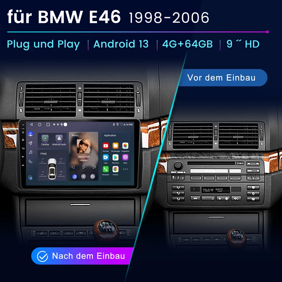 Für BMW 3er E46 1999-2005 8Kern Android14 CarPlay 4+64G 9"Autoradio GPS Navi DAB - Bild 2 von 4