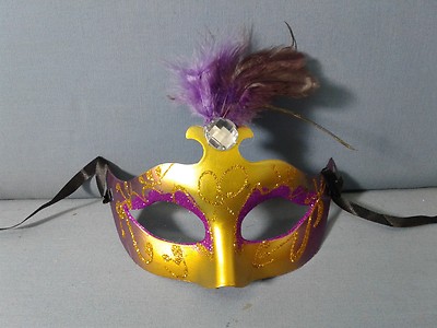 CARNEVALE MASCHERA VENEZIA ORO/ VIOLA CON PIUMA GLITTER DJ PARTY