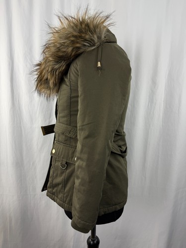 Womens Miss Selfridges Coat parka Petite Faux Fur Hooded Green Cotton Size 8 - Picture 13 of 22