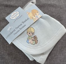 Precious Moments Baby Embroidered Thermal Waffle Blanket Blue 30x30 Cotton NOS