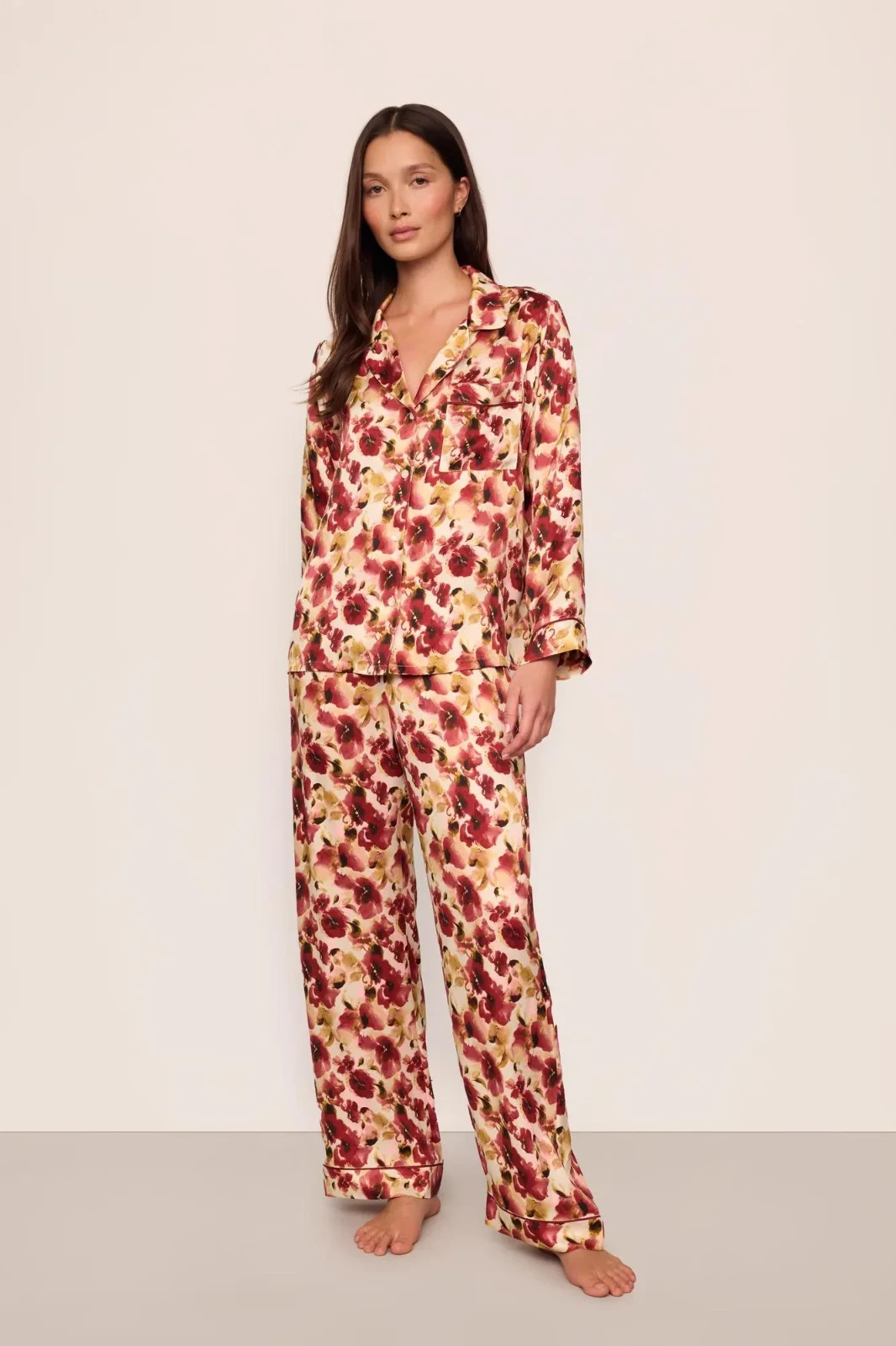 Eberjey x ILIA Inez Washable Silk Printed Long PJ Set Botanical Flower Merlot XS
