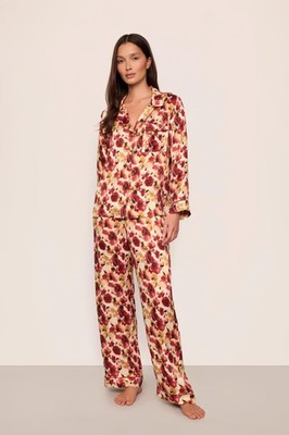 Eberjey x ILIA Inez Washable Silk Printed Long PJ Set Botanical Flower Merlot XS