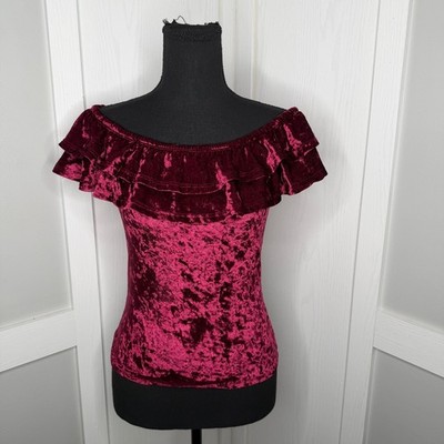 A'GACI Off Shoulder Ruffle Top Women Small Burgundy Crushed Velvet Stretch