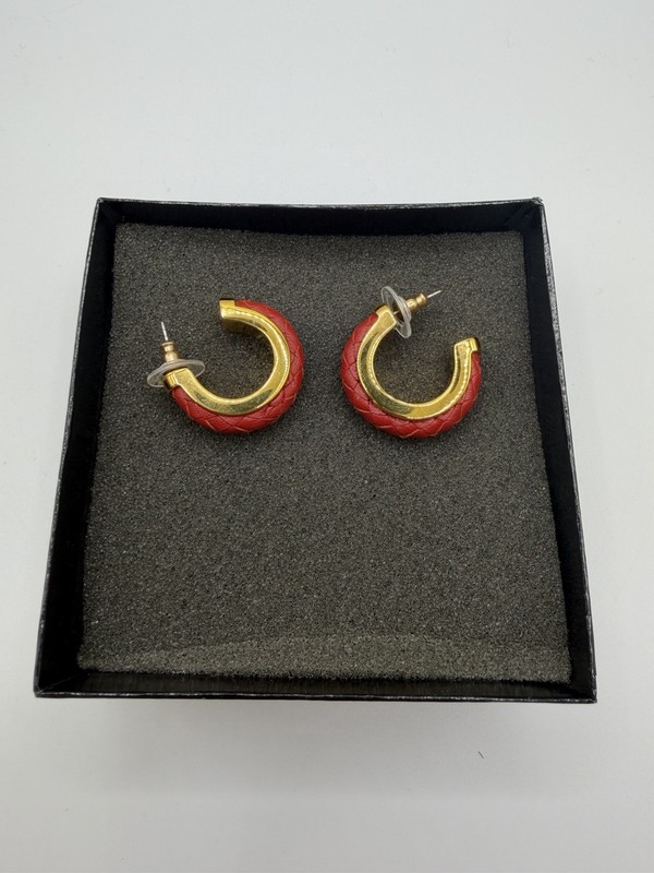 Joan Rivers Classics Collection Red & Gold Hoop Earrings Textured Leather Look