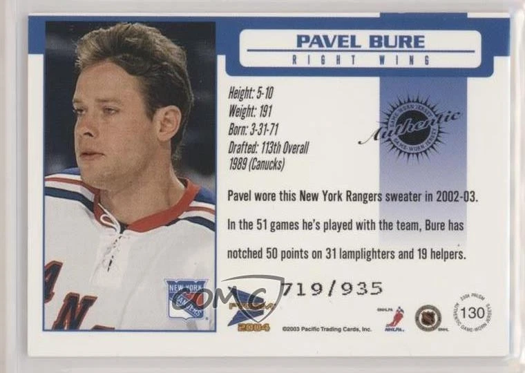2003-04 Pacific Prism Game-Worn Jersey /935 Pavel Bure #130 HOF - Image 2 of 2