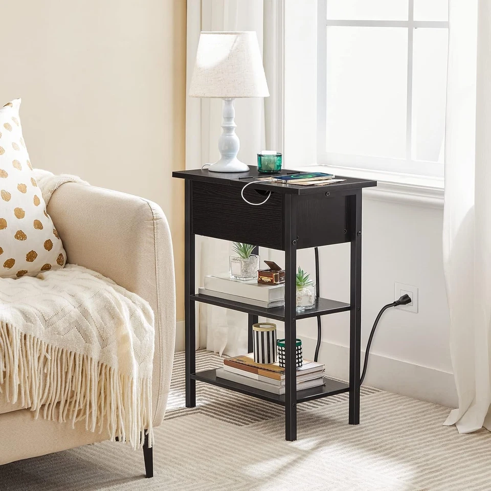Side Table End Table w/Charging Station Nightstand 18.9” x 10.2” x 25.2” Black - Image 2 of 4